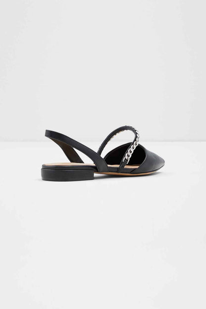 Black slingback flats with chain detail across the upper and low block heel