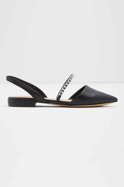 Black pointed-toe slingback flats with chain strap and low block heel