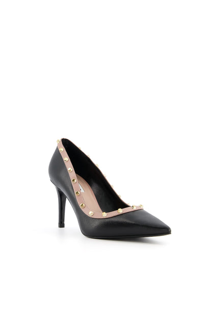 Dune London black pointed-toe stiletto high-heel shoe with gold studded strap at vamp