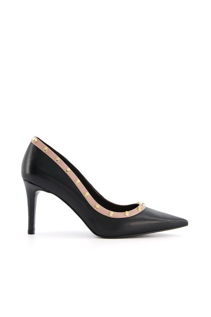Dune London black pointed-toe stiletto high-heel pump with gold studded trim across front
