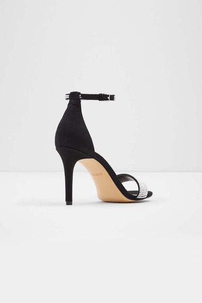 ALDO black high-heel sandal with rhinestone trim and ankle strap