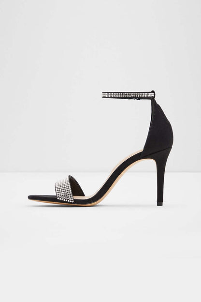ALDO black high-heel open-toe sandal with rhinestone toe and ankle straps