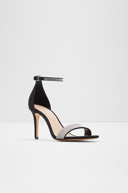 ALDO black high-heel open-toe sandal with rhinestone cross strap and ankle strap