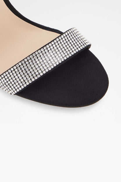ALDO black sandal close-up with sparkling rhinestone strap