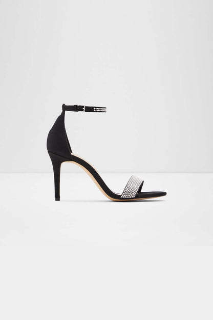 ALDO black high-heel sandal with rhinestone ankle strap and open toe