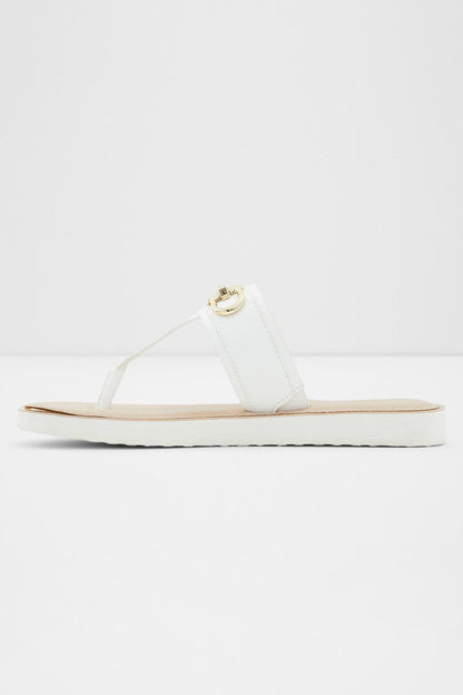 ALDO white slide sandals, low-profile sole with gold buckle on strap