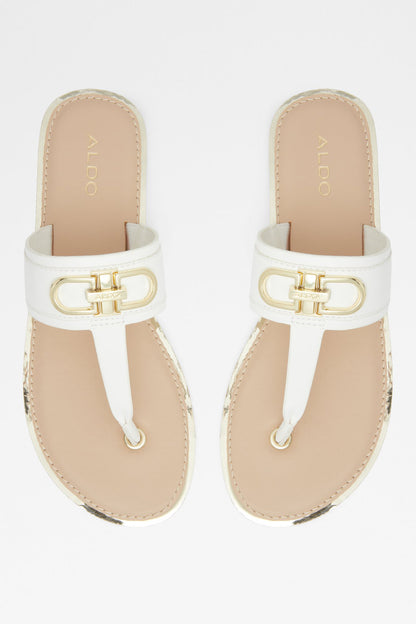 ALDO white and tan slide sandals, gold buckle strap and stitched trim