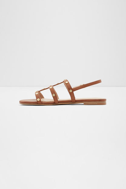 Cognac leather open-toe flat sandals with two wide front straps