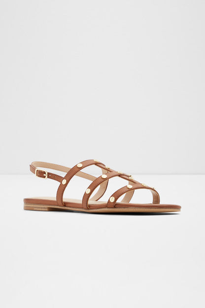 Cognac strappy flat sandals with open toe and gold-tone hardware