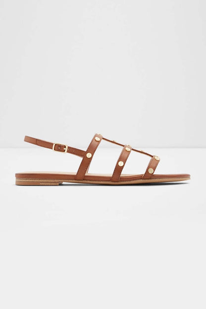 Cognac leather flat sandals with three straps and gold-tone studs