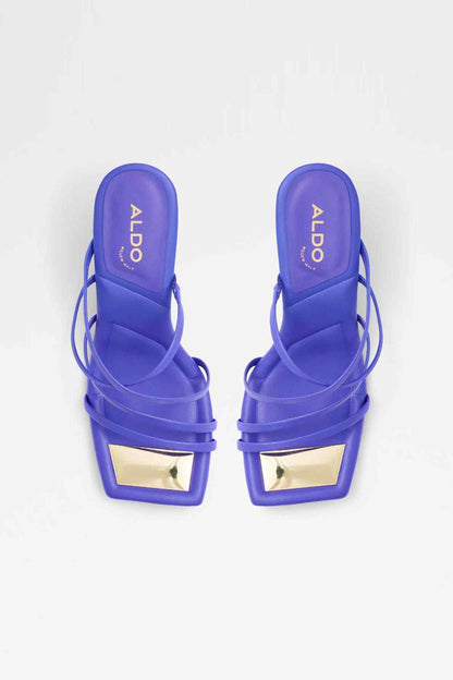 Purple platform slide sandals with square buckle and lace-up straps
