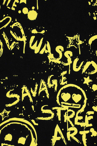 Black emoji T-shirt close-up of neon yellow face icons and street-art lettering