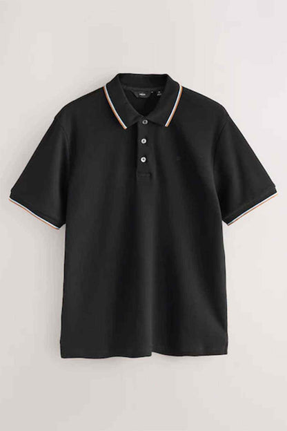 Black short-sleeve polo shirt with contrast collar and sleeve edge trim