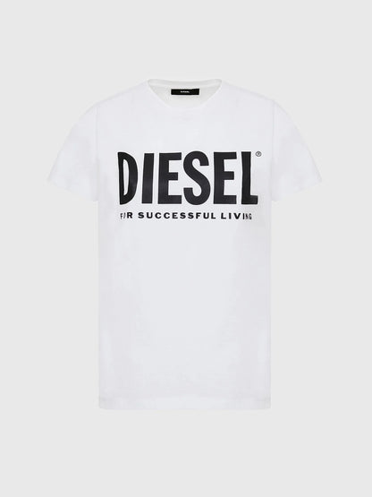 White Diesel graphic T-shirt with black logo and 'for successful living' print