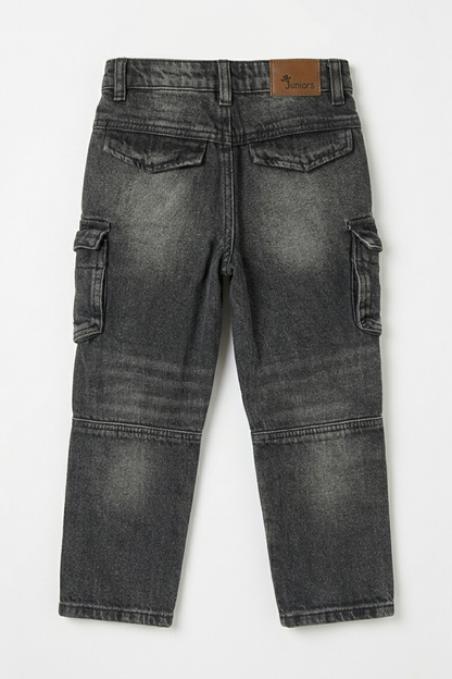 Black washed denim cargo jeans with side cargo pockets and waistband label