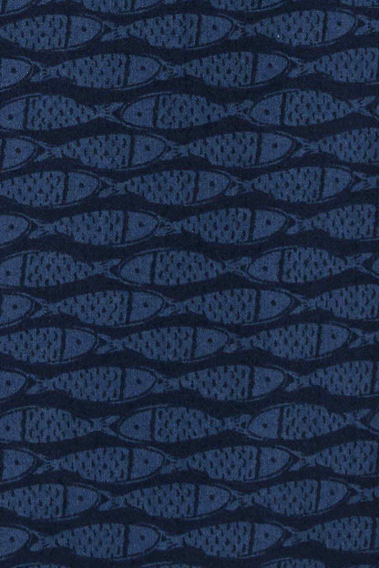CARTER'S navy fabric close-up with repeating fish graphic print