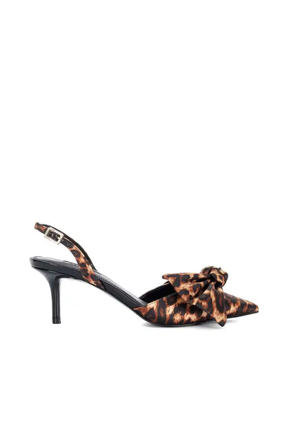 Leopard print heeled sandal with pointed toe, black heel, and bow-tie overlay