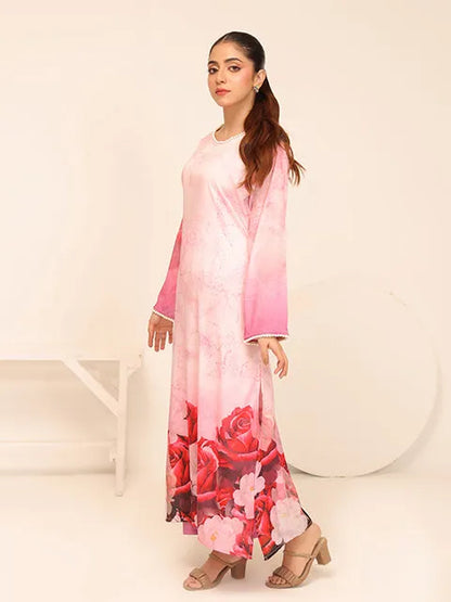 Pink long dress with rose floral hem panel, loose fit, crew neckline