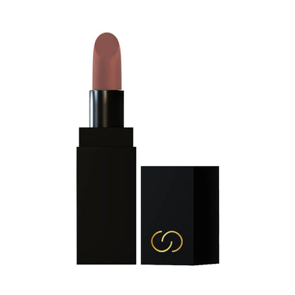 Velvet lipstick in warm nude brown; black case with gold logo