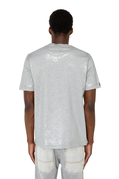 Grey short-sleeve crew-neck T-shirt with subtle marble print, back view