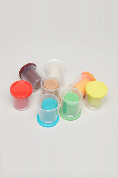Small colorful playdough tubs with lids and scoops