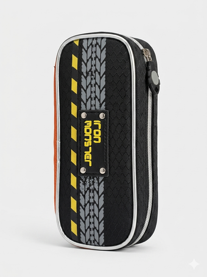 Black pencil case with geometric yellow stripes and textured front panel, zipper closure