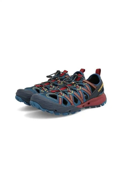 Merrell trail shoes, dark blue/red mesh upper with rugged outsole, front view