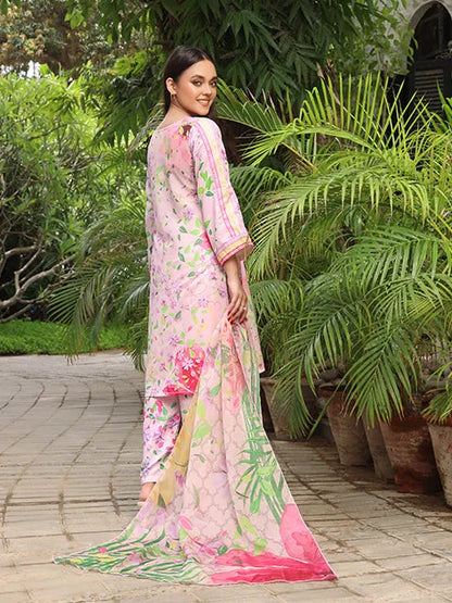 Light pink floral palazzo suit with dupatta drape, side view of printed fabric