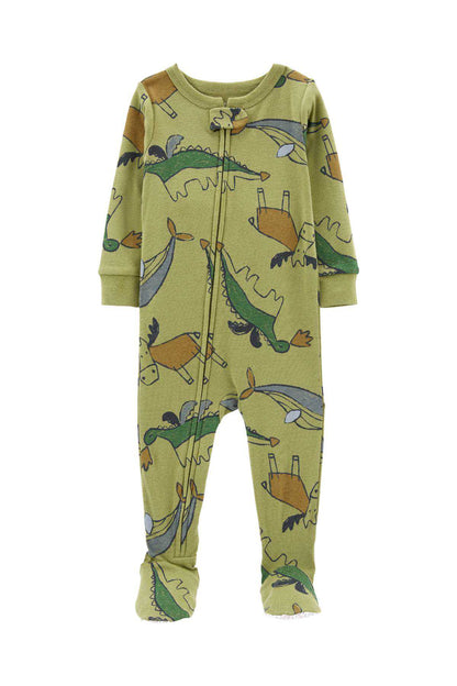 CARTER'S green dinosaur-print footed zip sleeper, long sleeves
