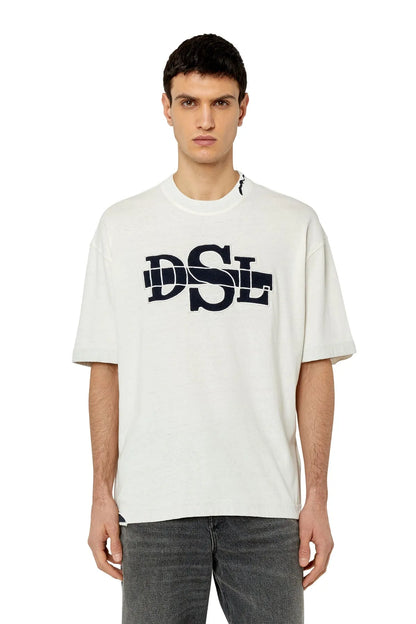 Diesel white crew-neck T-shirt with large navy DS L logo