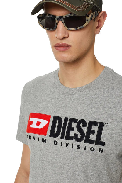 Men's grey crew-neck T-shirt with large front Diesel logo graphic