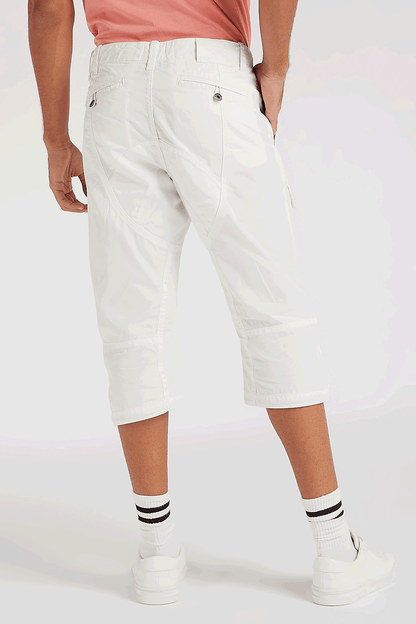 White knee-length cargo shorts with back patch pockets and straight hem