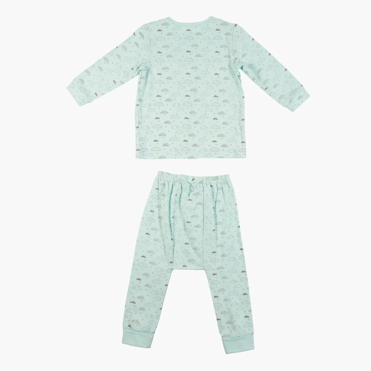 Baby pajama set with mint long-sleeve top and patterned pants with elastic waistband