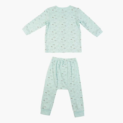 Baby pajama set with mint long-sleeve top and patterned pants with elastic waistband