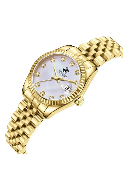 BHPC gold-tone stainless steel wristwatch with round dial and crystal hour markers