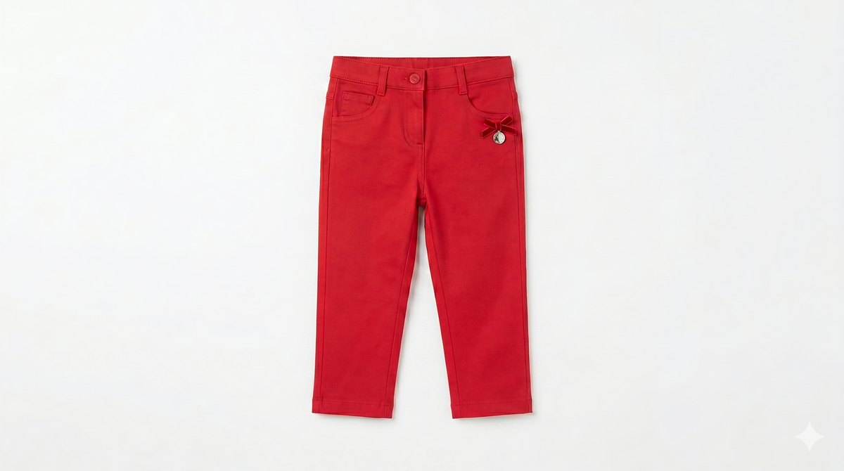 Red baby pants with button waist, front pockets and small logo detail