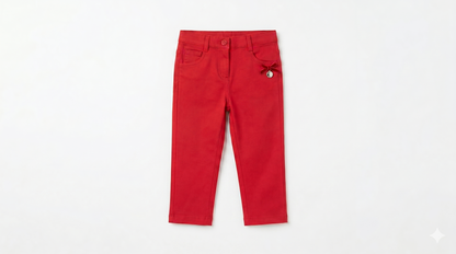 Red baby pants with button waist, front pockets and small logo detail