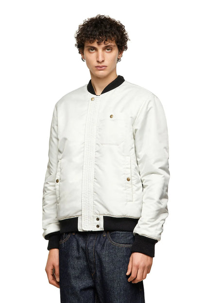 White bomber jacket with zip front, ribbed cuffs, snap pockets