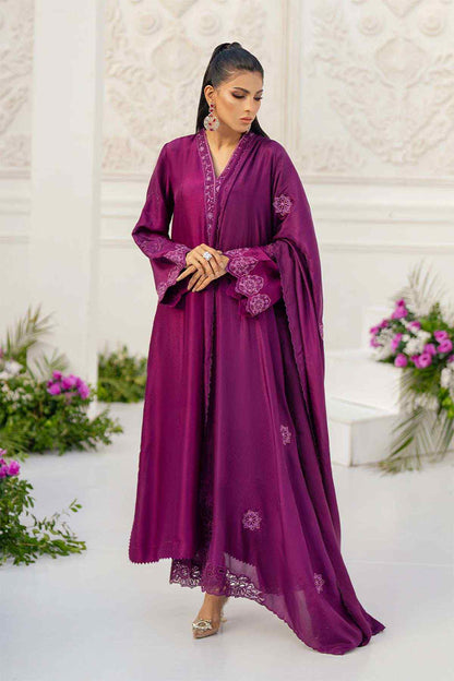Purple embroidered long tunic dress with flowy sheer dupatta, front view