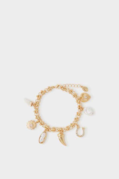Accessorize gold charm bracelet with sunburst and oval drop charms plus small dangles