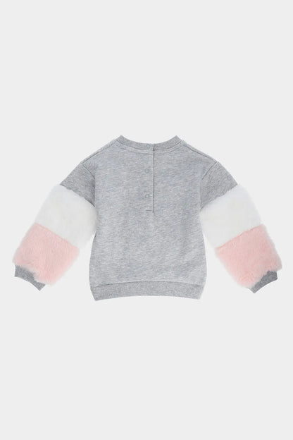 BABYSHOP baby sweatshirt, heather gray with white and pink striped sleeves