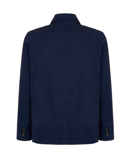 Men's navy blue back view utility shirt with collar and stitched yoke