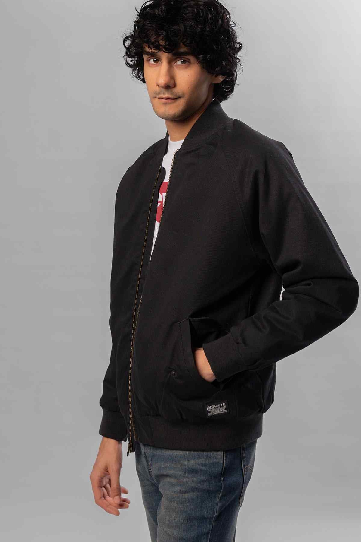 Black zip-front bomber jacket with stand collar and elastic cuffs