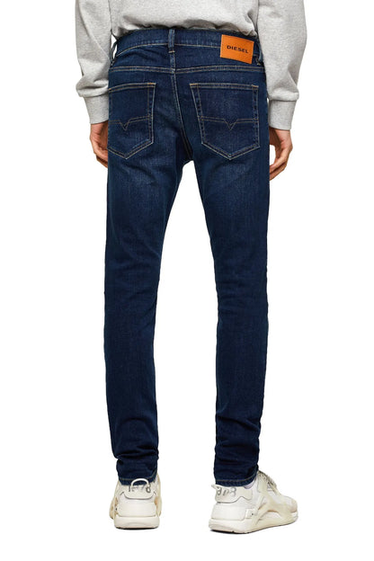 Diesel men's blue denim jeans back view with stitched pockets and belt loops