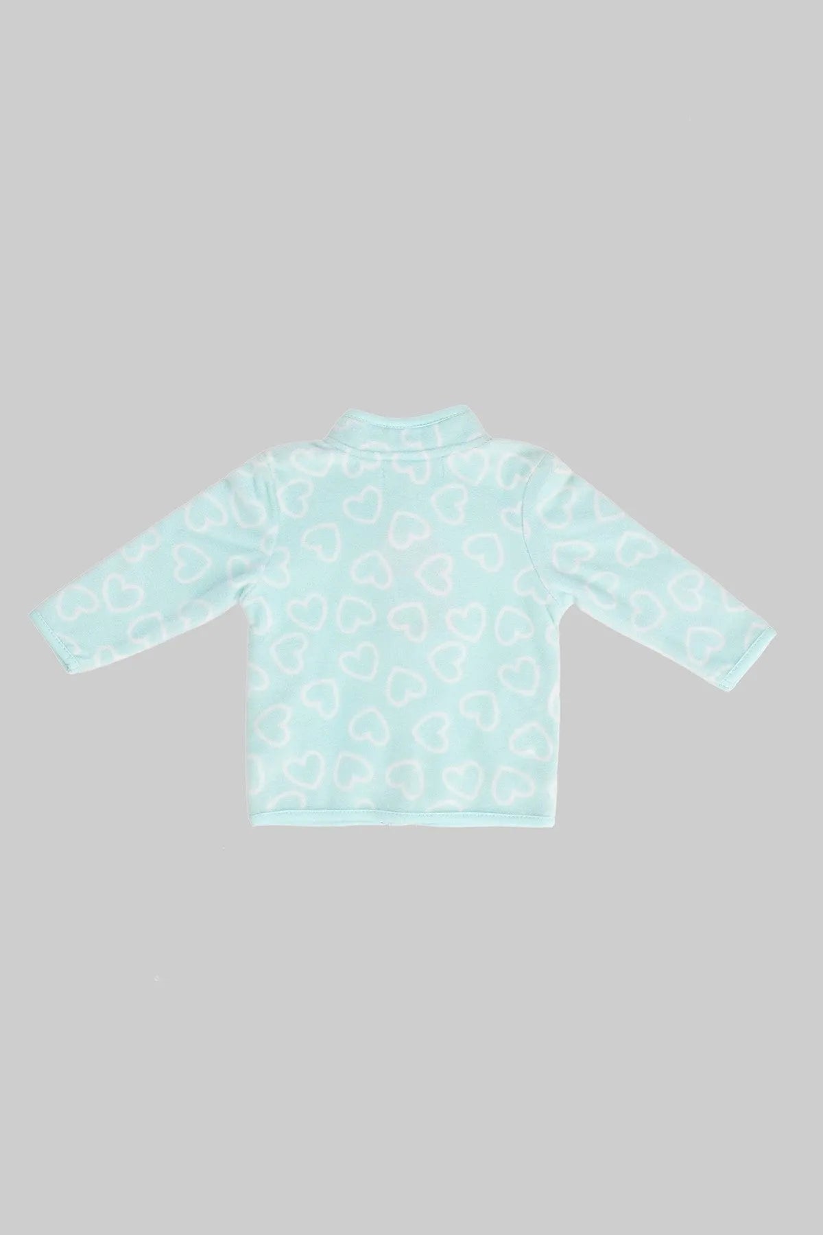 Light blue baby zip-up jacket with heart pattern, back view, full-length sleeves