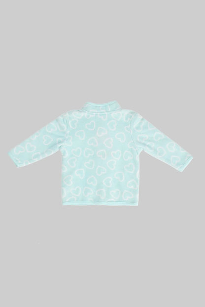 Light blue baby zip-up jacket with heart pattern, back view, full-length sleeves
