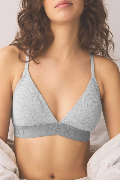 Women’s heather gray bralette with V-neck and adjustable straps, elastic underband