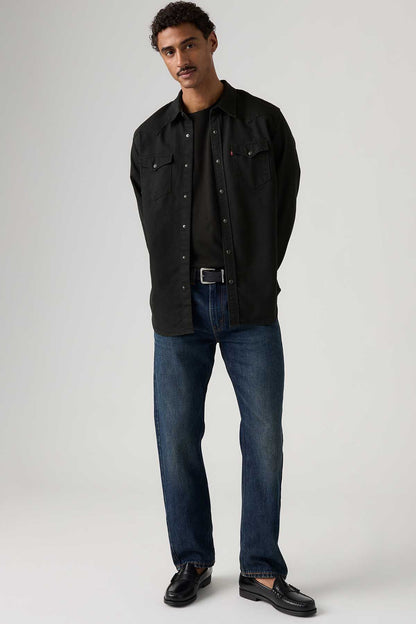 Dark wash jeans with button fly, belt loops, and dark topstitching—front view