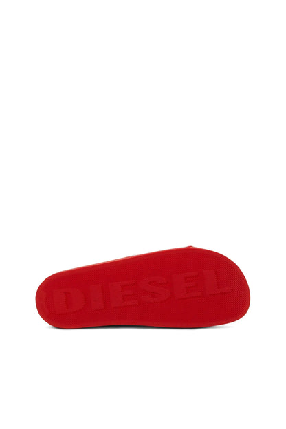 Red rubber slide sandal sole with molded DIESEL lettering