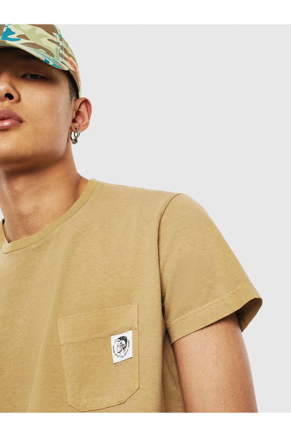 Diesel beige crew-neck T-shirt with front pocket and logo patch detail
